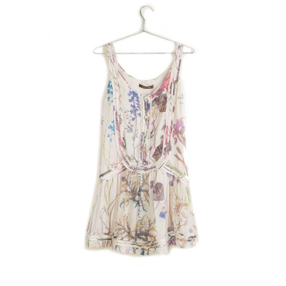 ROBERTO CAVALLI Silk Floral Mini Flounce Dress IT40